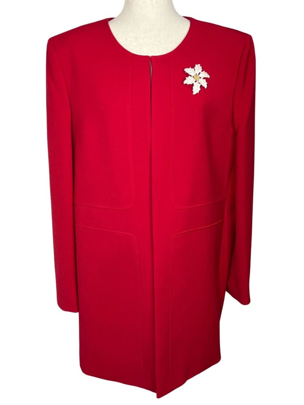 TAHARI ARTHUR S. LEVINE Long Line Collarless Coat Blazer Holiday Red Sz 18 NWOT